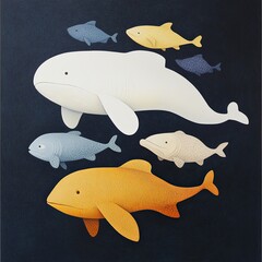 Cartoon-style illustration of various whales and ocean fish in vibrant colors against a dark background