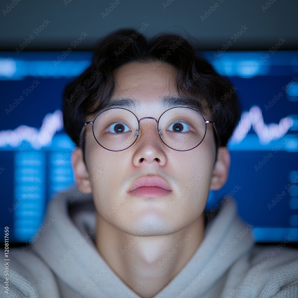 Aufkleber tech-savvy millennial analyzing stock trends digital signal interface on high-resolution screens - f