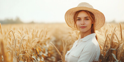 Obraz premium Young woman in wheat field golden hour portrait photography rural environment soft lighting natural beauty concept for seo impact