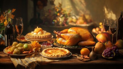 Naklejka premium Thanksgiving Feast with Roast Turkey, Pies, and Fresh Fruits