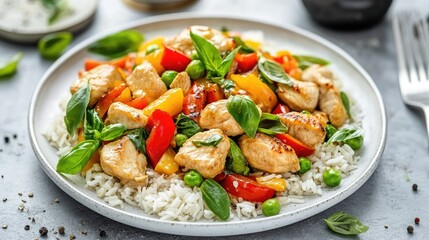 Authentic Thai basil chicken stir-fry with jasmine rice on a white plate