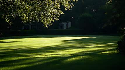 A photo of the White House South Lawn with perfectly manicured grass, highlighted by the shadow of a passing cloud, during a quiet midday