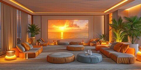 A cozy lounge with modular seating, interactive screens, and warm lighting fosters relaxation and creativity