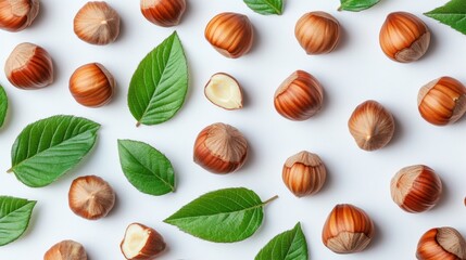 Hazelnuts with Green Leaves on White Background