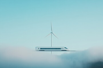 Futuristic Sustainable Transport Sleek White High-Speed Train and Wind Turbine in Cloudscape - Green Energy Solutions for Modern Urban Mobility and Eco-friendly Travel
