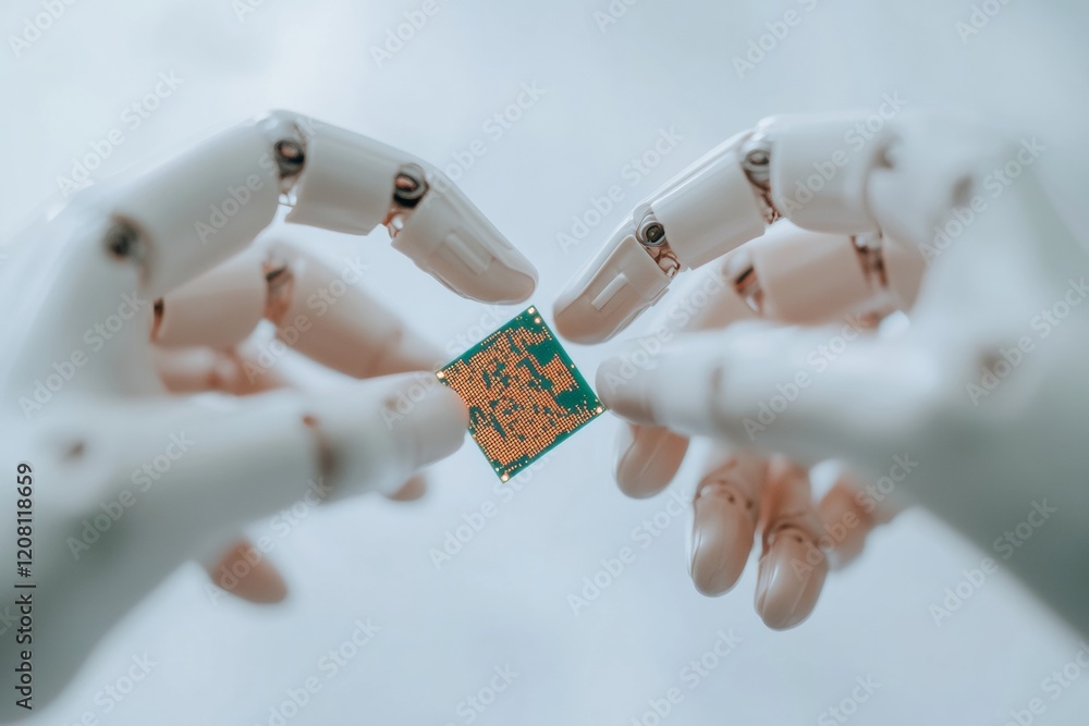 Poster Futuristic Robotics Sleek Lightweight Metallic AI Hands Holding Microchip - Innovating Automation in Tech-Driven Industries for Enhanced Efficiency and Connectivity