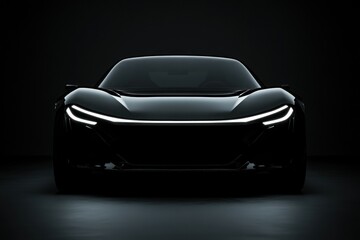 Striking Black Car Front View with Glowing Headlights