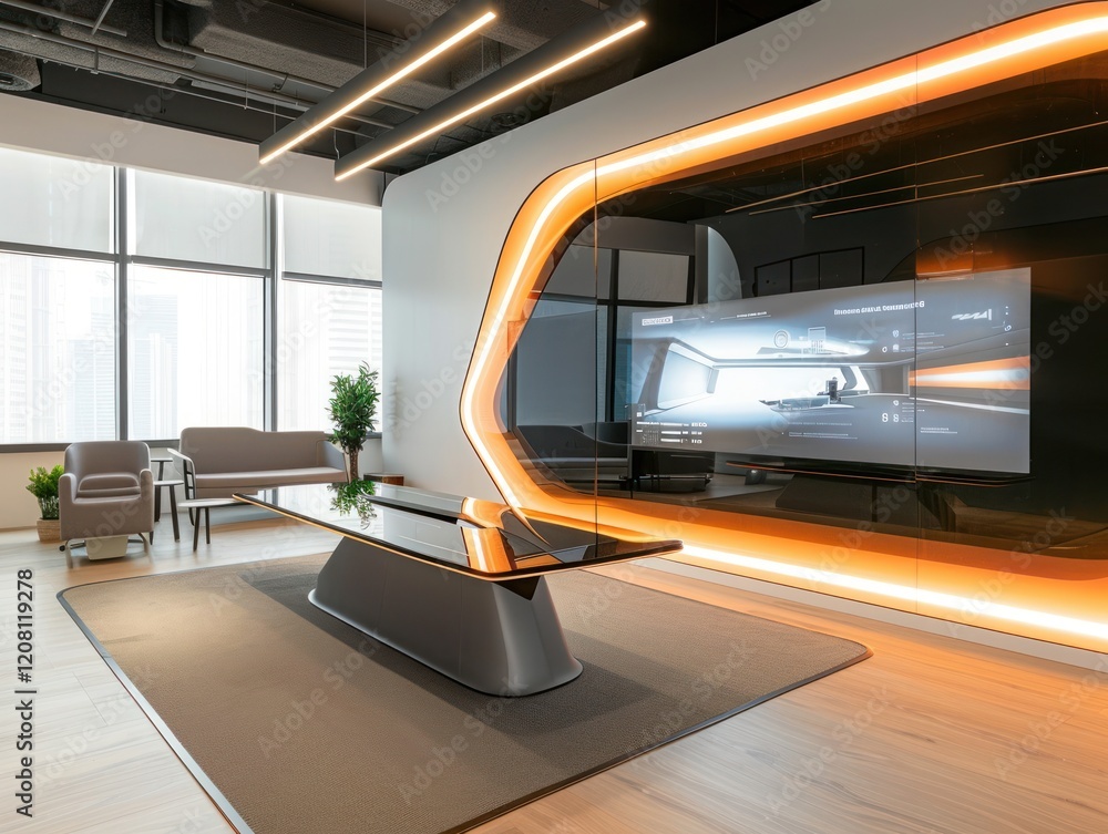 Poster an advanced tech hub features smart surfaces and interactive displays, creating a productive and mod