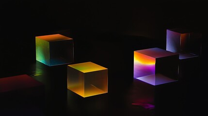 A series of cubes with different colors and sizes are arranged on a dark surface