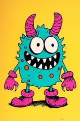 Colorful cartoon monster with exaggerated features, pink gloves and horns, set against a bright yellow background perfect for fun designs