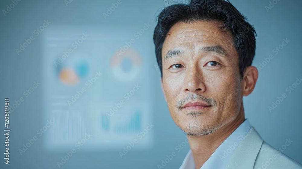 Aufkleber modern executive portrait asian male in smart business attire with data visualization background - p