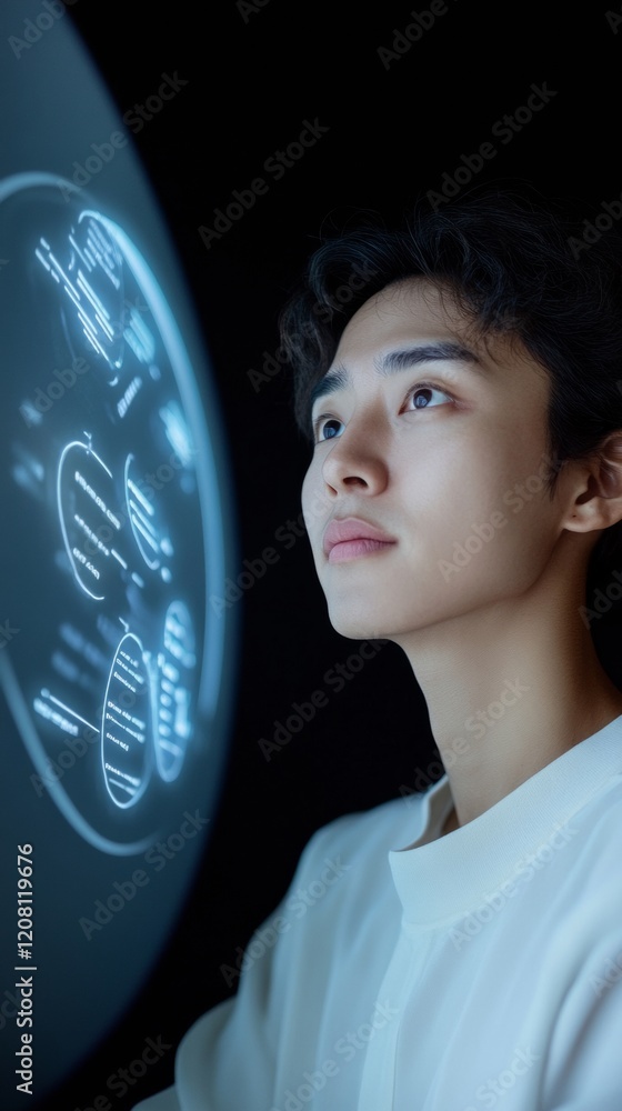 Aufkleber futuristic tech aesthetic young professional engaging with holographic interface for innovative digi