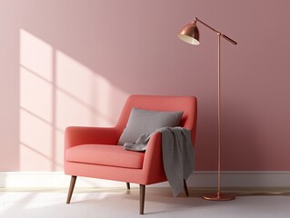 Pink armchair and gold lamp in a minimal setting with sunlight and shadows