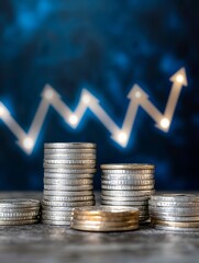 Stacks of silver coins with a rising arrow, symbolizing financial growth and success