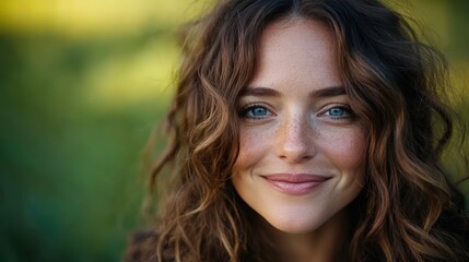 Naklejka premium Portrait of a Smiling Woman with Curly Brown Hair and Freckles