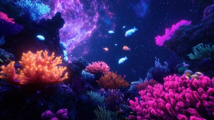 Obraz premium Vibrant underwater coral reef with diverse sea life in deep ocean night