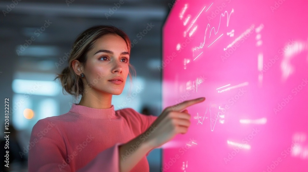 Aufkleber Interactive Digital Analytics Display Young Professional Analyzing Data on Neon Touchscreen - Modern Office Innovation and Tech-Driven Business Solutions