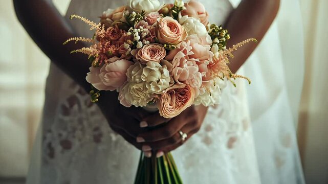 Black bride holds wedding bouquet with white and pastel pink roses