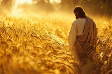 Jesus Christ walking through a golden wheat field at sunrise symbolizing peace, spiritual journey, and divine presence