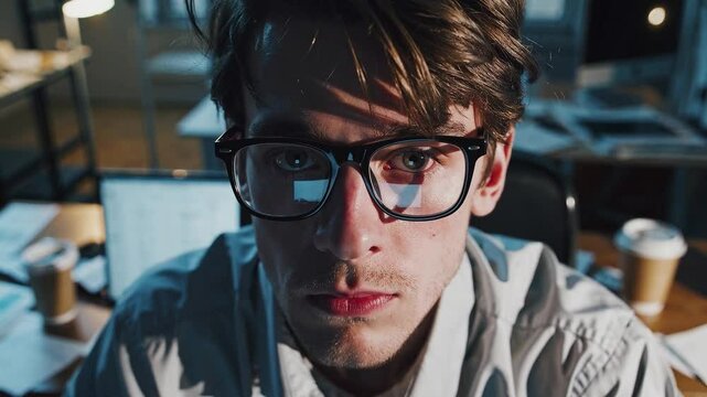 Portrait closeup zoom in of a sick and tired young businessman in eyeglasses in an empty office is sitting at the desk, he's exhausted. 