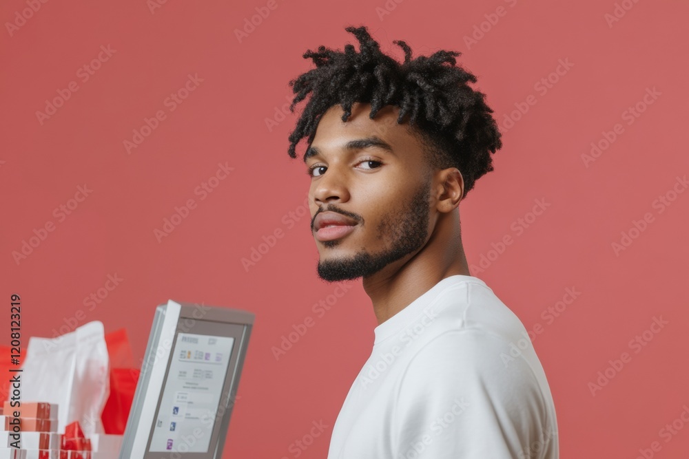 Aufkleber contemporary tech portrait young man engaging with digital interface in minimalist setting - innovat