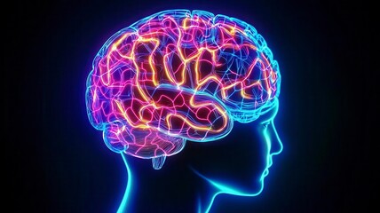 Neon brain creative neural on black background. A glowing, neon representation of a brain alongside a human silhouette, illustrating the connection between mind and body.