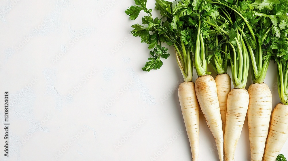 Poster fresh parsnip with greens isolated on white background for cooking