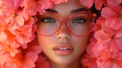 Stylish woman with vibrant pink flowers and bold glasses