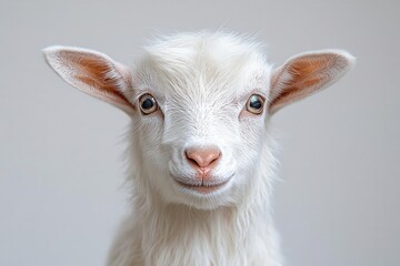Fototapeta premium charming closeup portrait of a young white goat with expressive eyes and fluffy beard against ethereal white background studio lighting highkey photography