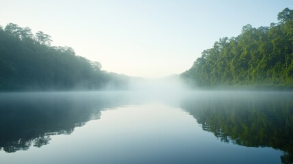 Fototapeta premium Mist-Covered Riverbank Sunrise Lush Reflections for Eco-Tourism and Sustainable Design - Inspiring Environmental Conscious Marketing Campaigns