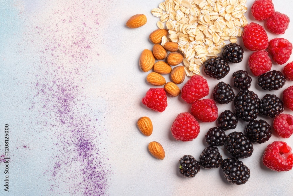 Aufkleber clean and minimalistic top-down view of nutritious breakfast with oats fresh berries and nuts placed