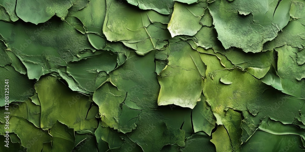 Poster textured green paint peeling off wall creating abstract pattern with various shades of green and int