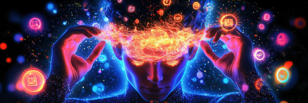 Eine Person mit leuchtenden holografischen Gedankenblasen um den Kopf, die digitale Gedanken und k&uuml;nstliche Intelligenz mit menschlicher Intuition vereinen, in einem futuristischen Szenario