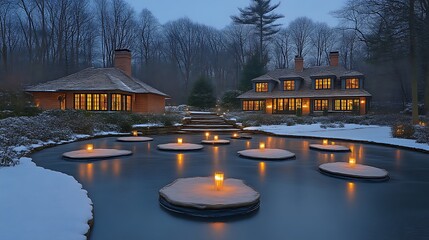 Fototapeta premium Illuminated Cottages Beside A Winter Pond
