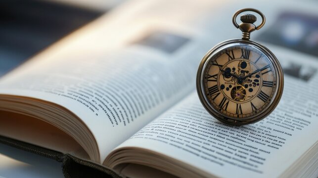 close-up of antique pocket watch resting on open psychology book representing passage of time in therapy and personal