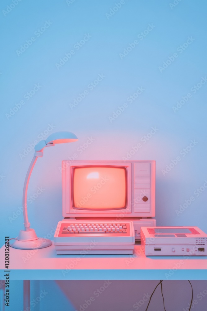 Poster Retro Tech Workspace Neon-Hued Vintage Computer and Peripherals on Minimalist Desk - Digital Nostalgia for Creative Content and Marketing Displays in Modern Tech Culture