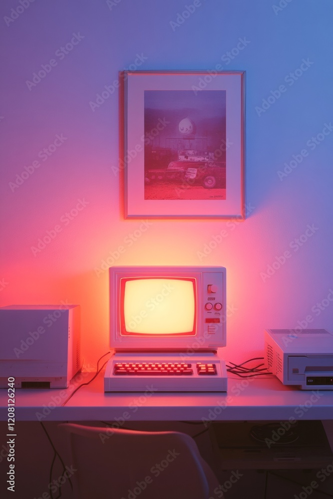 Poster retro gaming workspace neon-accented desk with vintage tech - inspiring digital nostalgia for creati