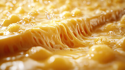 Close-up view of bubbling melted cheese with rich texture and fluid motion