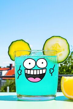 Refreshing Blue Drink with Funny Cartoon Face and Fresh Ingredients, Perfect for Summer Parties and Gatherings
