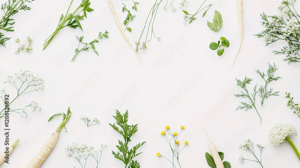 Poster flat lay arrangement of isolated parsnip and herbs on white surface