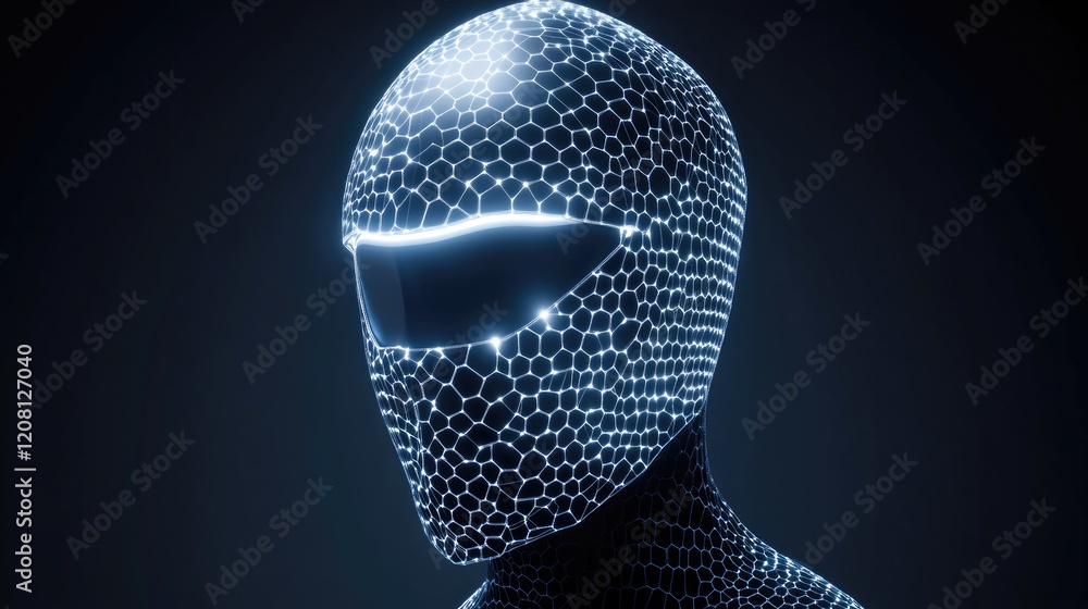 Poster conceptual knight helm its form replaced by glowing interconnected hexagonal patterns creating futur