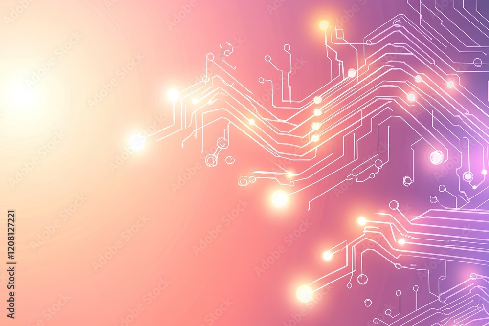 Poster conceptual vector design featuring glowing nanotech circuit in shape of dna strand set against soft 