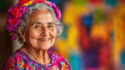 Fototapeta premium A portrait of an elderly woman with a joyful smile, wearing traditional cultural clothing, vibrant and colorful background