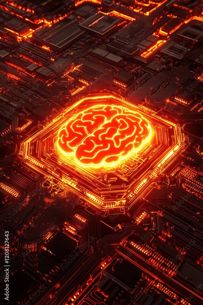 Poster neon brain circuitry, futuristic technology, digital neural network, glowing brain design on microch
