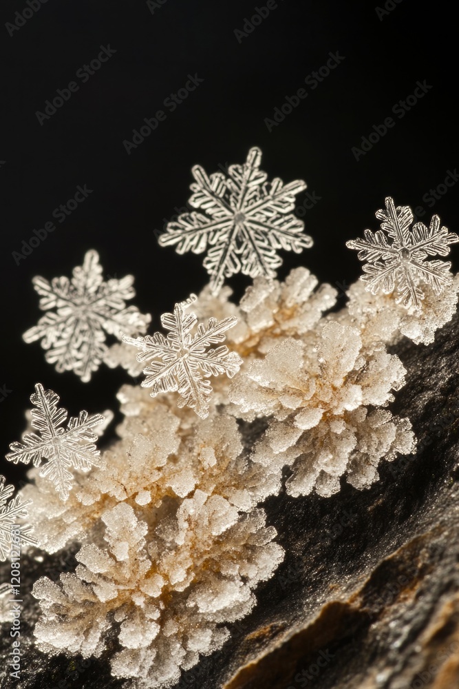 Poster detailed close-up of snowflakes resting on rock at high altitude with their intricate patterns illum