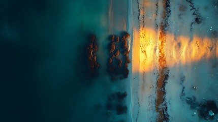 Aerial View of Ocean Meeting Sandy Beach at Sunset