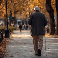 Obraz premium Senior man strolls through autumn park filled with fallen leaves and golden trees in the late afternoon light