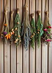 Dried bunches of herbs dried flowers hanging on the background of a wooden wall valentines backdrop love heart valentine vector romantic day holiday