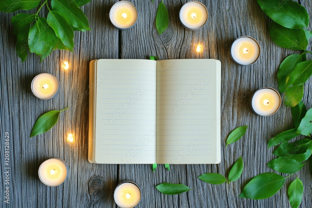 Poster flat lay of open notebook surrounded by small unlit candles and green leaves on rustic wooden surfac