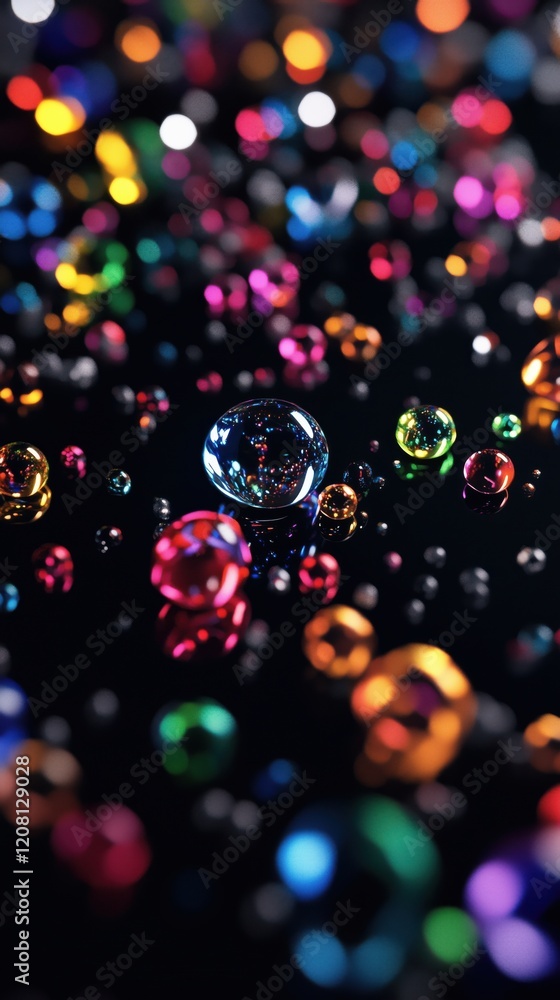 Poster colorful water droplets reflecting light in a dark background, creating a vibrant and mesmerizing ab